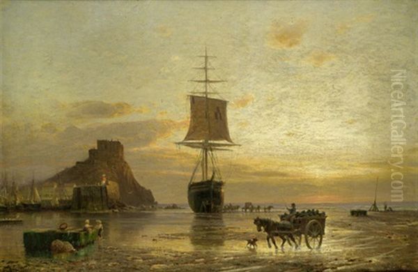 Blick Auf Mont Orgueil Castle Auf Jersey Mit Hafeneinfahrt In Der Abendsonne Oil Painting by Hermann Eschke