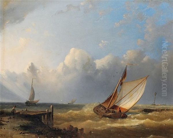 Segelboote Bei Steifer Brise Vor Der Kuste Oil Painting by Hermann Eschke