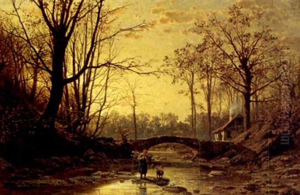 Spatherbst - Reisigsammlerin In Abenddammerung Oil Painting by Hermann Eschke