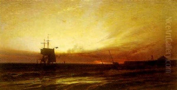 Marine Med Russisk Sejlskib Ud For Havn, Solnedgangsstemning Oil Painting by Hermann Eschke