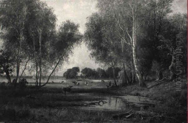 A Wooded River Landscape With Herdsmen Resting And Cattle Grazing Oil Painting by Hermann Eschke