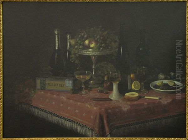 Still Life With Wine, Cigars And Fruit Oil Painting by Oscar Eschke