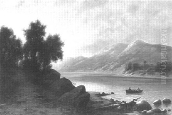 Expansive Landscape With Mountains, Two Figures And A Rowboat Oil Painting by Oscar Eschke