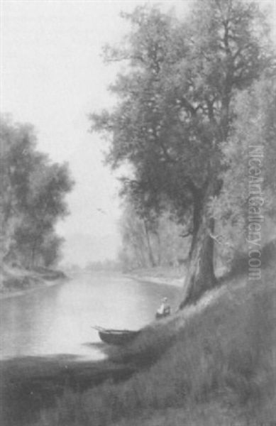 An Angler On A River Bank Oil Painting by Oscar Eschke