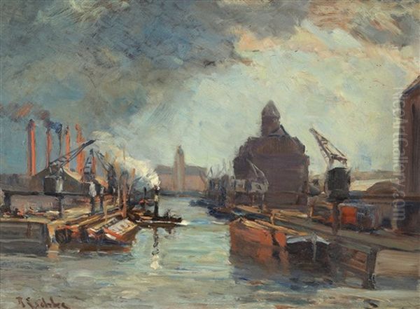 The Harbor In Berlin (+ Another, Verso) Oil Painting by Richard Hermann Eschke