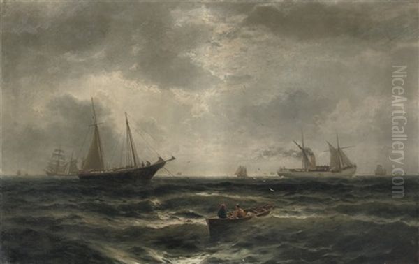 Fischerboote Auf Der Neufreundlandbank: Fishing Vessels On Open Water Oil Painting by Richard Hermann Eschke