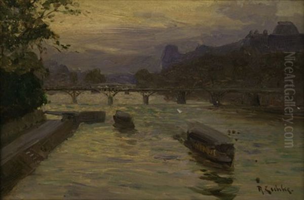 Die Seine Bei Paris Mit Dem Pont Des Arts Und Dem Louvre Im Abendlicht Oil Painting by Richard Hermann Eschke