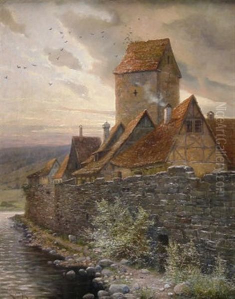 Dorf Mit Wehrturm Und Ringmauer Im Thuringischen Oil Painting by Elmar von Eschwege