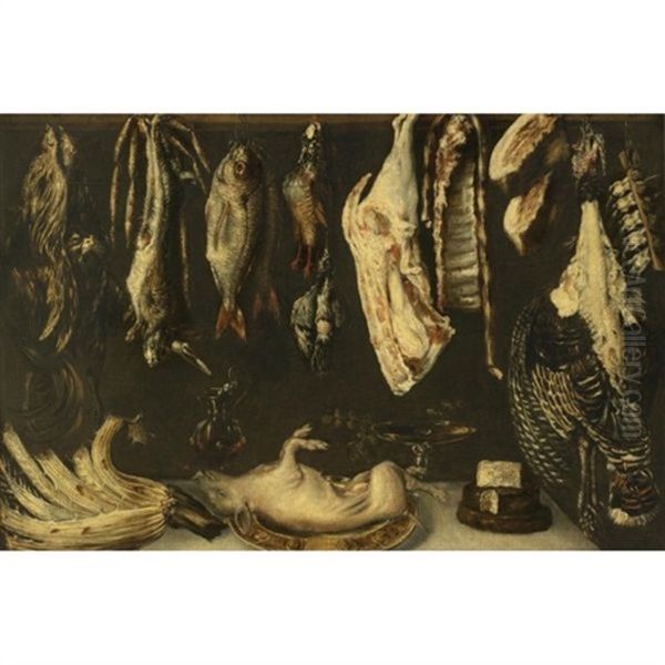 Still Life With Fish And Game Hanging From A Wood Beam, With A Pig On A Platter, Cheese, A Cardoon And Other Objects Resting On A Table Oil Painting by Alonso De Escobar