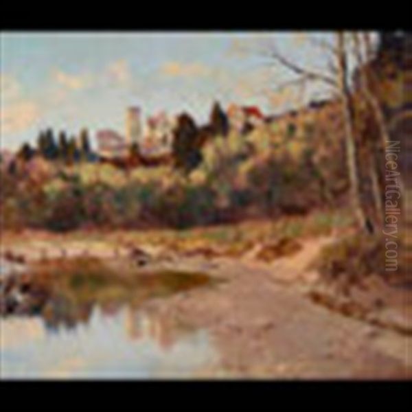 Untitled - Chateau Along River Oil Painting by Adele Esinger