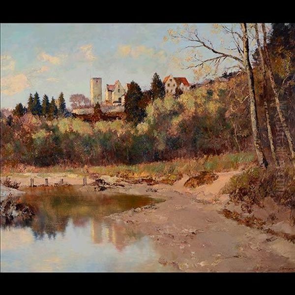 Untitled - Chateau Along River Oil Painting by Adele Esinger