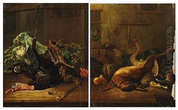 Nature Morte Au Lievre Mort(+ Nature Morte Au Dindon Mort Et Legumes; Pair) Oil Painting by Johannes Esman