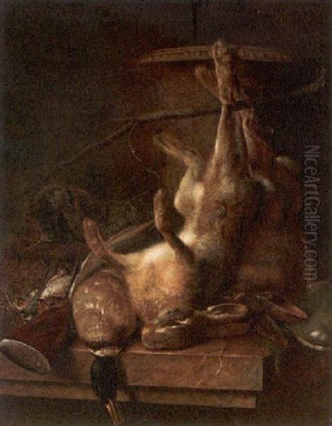 Jagdstilleben Mit Erlegtem Hasen. Ente Und Singvogeln Vor Einer Skulptierten Vase Oil Painting by Johannes Esman