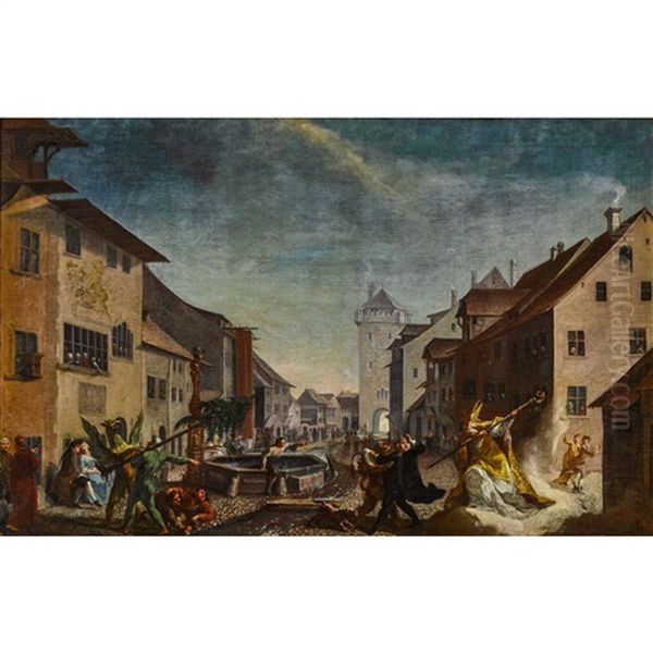 Die Riehentorstrasse Mit Greif, Wildmann, Pfarrer Buxdorf, Lowe Und Heiligem Theodor Oil Painting by Joseph Esperling