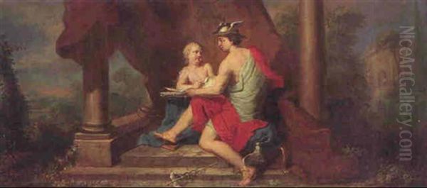 Hermes Und Putto In Einer Landschaft Oil Painting by Joseph Esperling