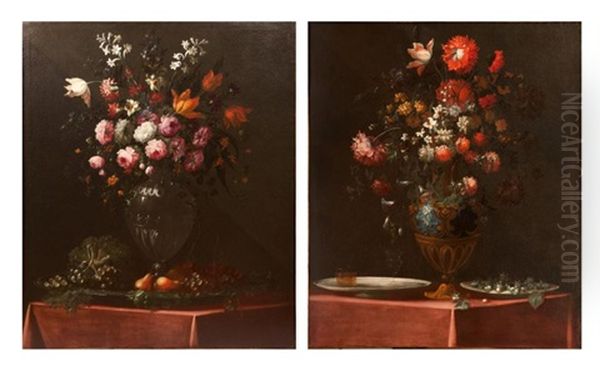 Bouquet De Fleurs Aux Fruits (+ Bouquet De Fleurs Aux Noisettes Et Au Verre; Pair) Oil Painting by Benito Espinos