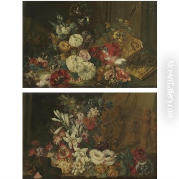 A Still Life With Roses, Carnations And Other Flowers Beside Sculpted Reliefs (a Still Life With Lillies, Roses, Morning Glory And Other Flowers Beside Sculpted Ruins; Pair) Oil Painting by Benito Espinos