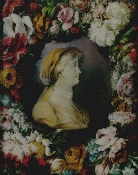 A Bust Of A Lady Surrounded By A Garland Of Flowers Oil Painting by Benito Espinos