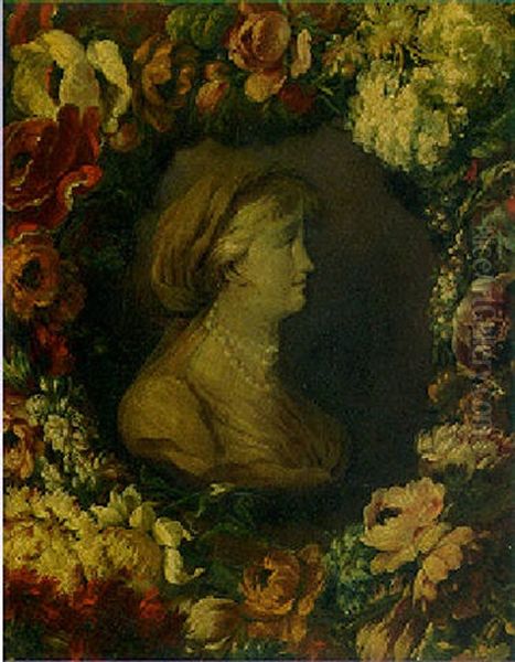 Profile Of A Woman Surrounded By A Garland Of Flowers Oil Painting by Benito Espinos