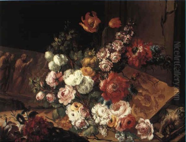 Still Life With Flowers With Stone Bas-reliefs On A Table by Benito Espinos