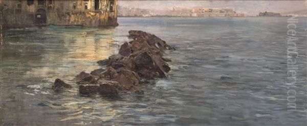 Marina Di Napoli Con Palazzo Donn'anna Sullo Sfondo Oil Painting by Gaetano Esposito