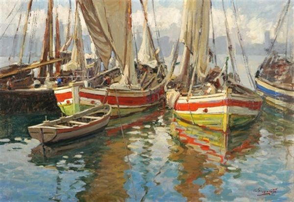 Kleiner Hafen Mit Segelschiffen Oil Painting by Gaetano Esposito