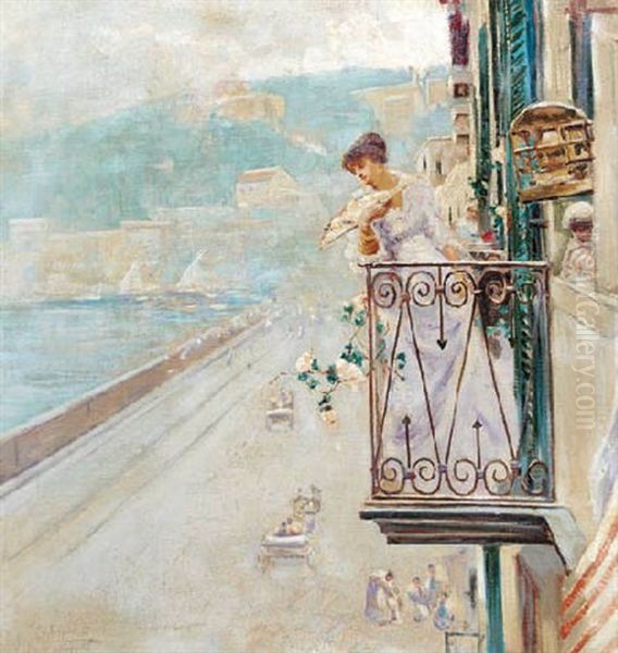 A Lady Looking Out Over The Bay Of Naples From Her Balcony Oil Painting by Gaetano Esposito