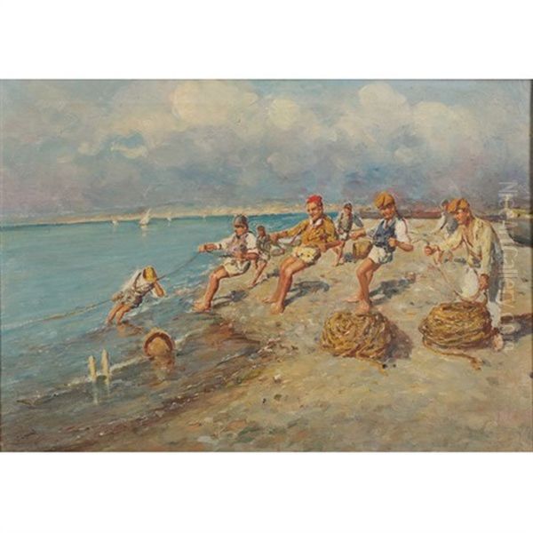 Fisherman Pulling Ashore Oil Painting by Vincenzo D' Esposito