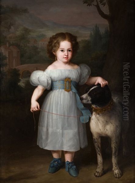 Retrato De Nina Con Perro Oil Painting by Antonio Maria Esquivel Suarez de Urbina