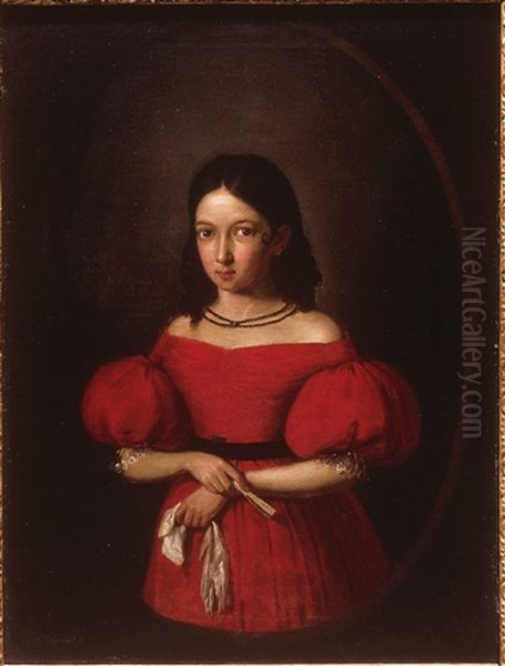 Nina Vestida De Rojo Con Abanico Oil Painting by Antonio Maria Esquivel Suarez de Urbina