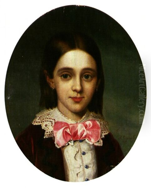 Nina Con Lazo Rosa Oil Painting by Antonio Maria Esquivel Suarez de Urbina