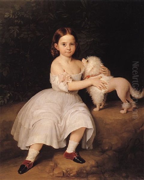 La Nina Dona Concepcion Sola Garrido Con Su Perrito Oil Painting by Antonio Maria Esquivel Suarez de Urbina