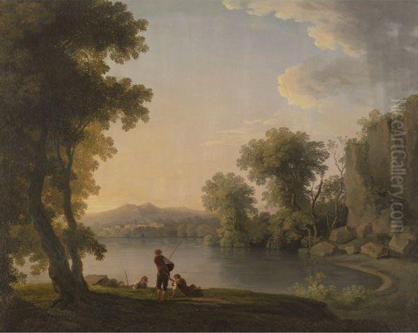 Three Fisherman Resting Alongside A Lake Oil Painting by William Ashford