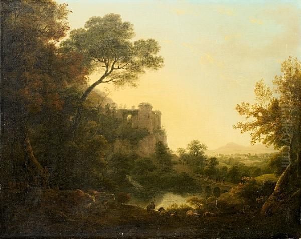 Peasants Grazing Their Cattle In A Wooded River Landscape With A Castle In The Distance Oil Painting by William Ashford