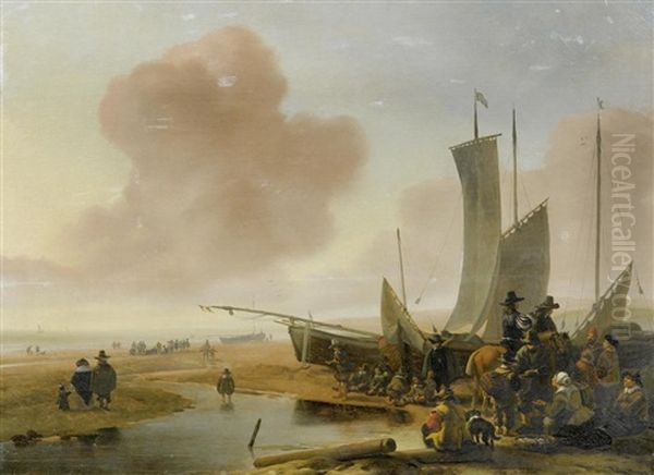 Horsemen On A Beach Buying Fish With Fishing Boats Beyond Oil Painting by Jacob Esselens