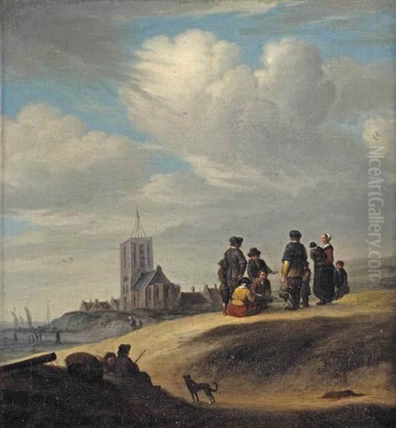 A Group Of Figures Conversing On A Beach Before A Village Oil Painting by Jacob Esselens