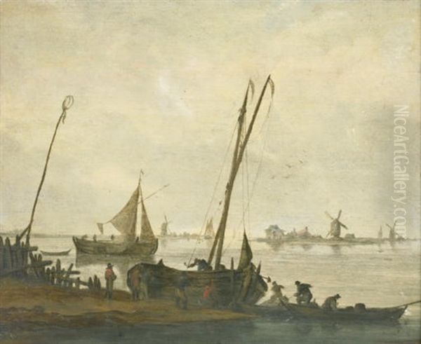 Fishermen Mooring Their Boats On The Bank Of A River Oil Painting by Jacob Esselens