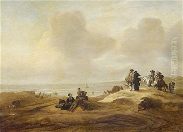 Fisherfolk And Elegant Figures In A Dune Landscape (scheveningen?), A Coastal Inlet Beyond Oil Painting by Jacob Esselens