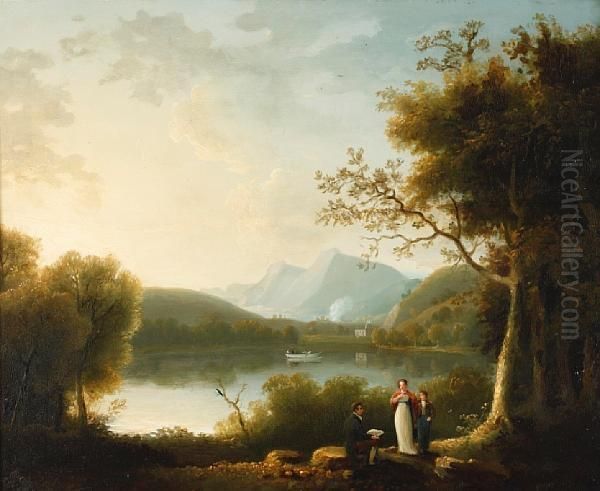 Three Figures By A Lake, With Several Figures In A Rowing Boat, Mountains Beyond Oil Painting by William Ashford