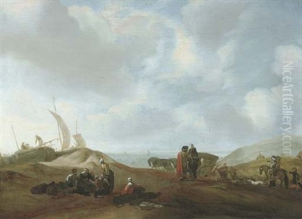 A Dune Landscape With Fisherfolk Resting, Travellers With A Horse And A Carriage And Elegant Figures Beyond Oil Painting by Jacob Esselens