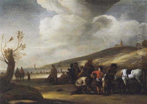 Der Strand Bei Scheveningen, Im Hintergrund Die Heute Noch Bestehende Kirche Von Scheveningen Oil Painting by Jacob Esselens