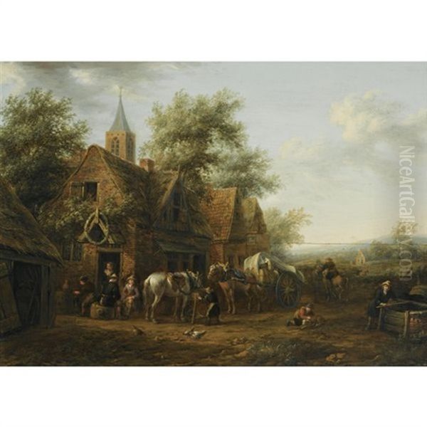 Travellers Resting Outside An Inn, A Boy Tending The Carthorses Oil Painting by Cornelisz van Essen