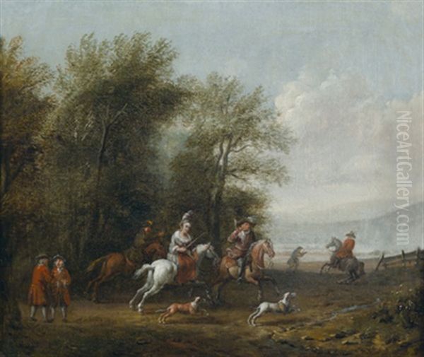 Jager Beim Aufbruch Zur Parforcejagd (+ Rastende Jager Und Reiter Vor Dem Wirtshaus; Pair) by Cornelisz van Essen