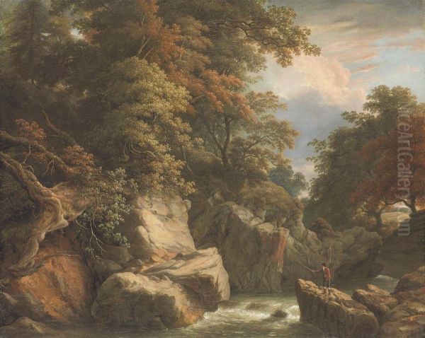 A Wooded River Landscape With A Fisherman On A Rock Casting His Line Oil Painting by William Ashford