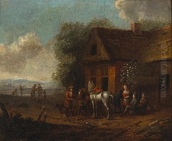 Figures And Horses Outside An Inn In An Extensive Landscape Oil Painting by Cornelisz van Essen