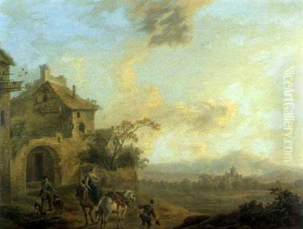 Chasseur Et Voyageurs Dans Un Paysage Italianisant Avec Ruines Oil Painting by Cornelisz van Essen