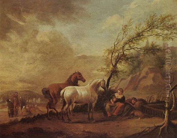 A Landscape With A Woman And Two Children Resting By A Tree Near A Well, Two Horses Nearby Oil Painting by Cornelisz van Essen