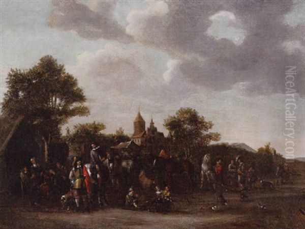 Horsemen And Other Figures Resting Near An Inn, A Village Beyond Oil Painting by Cornelisz van Essen