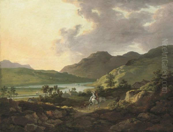 A Mountainous Lake Landscape With Travellers On A Path In The Foreground And Boats On The Lake Beyond Oil Painting by William Ashford