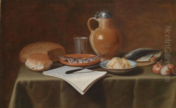 Stillleben Mit Tonkrug, Hering, Brot Und Zwiebeln Oil Painting by Hans van Essen